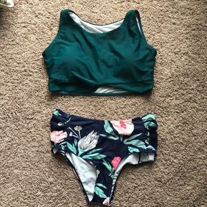New Green Floral CupShe High Waisted Bikini Sz L